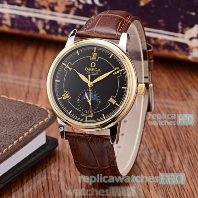 New Clone Omega De Ville Mineral Crystal Watch Black Dial Gold Bezel